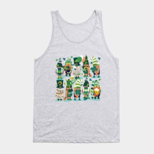 Saint Patricks gnomes // spot illo // aqua background parade with green and orange gnomes Leprechaun shamrock four leaf clovers Irish Ireland folklore Tank Top